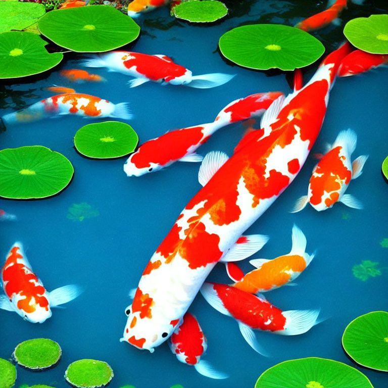 Colorful koi fish and green lily pads in clear water scene