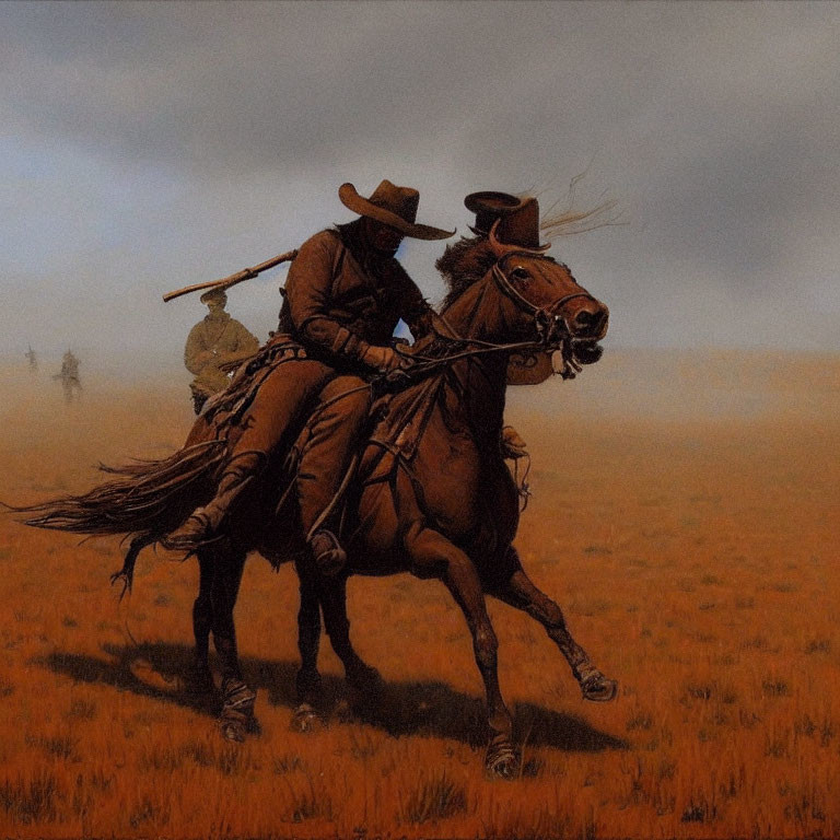 Cowboys on horseback galloping in sepia-toned field with hazy background