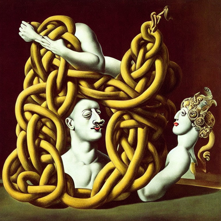 Surreal figures entwined by golden chains on dark background
