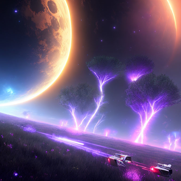 Surreal landscape with luminous trees, spaceship, glowing flowers, night sky, and planet