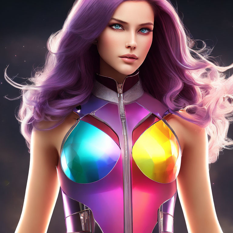 Digital Artwork: Woman with Purple Hair in Futuristic Iridescent Suit