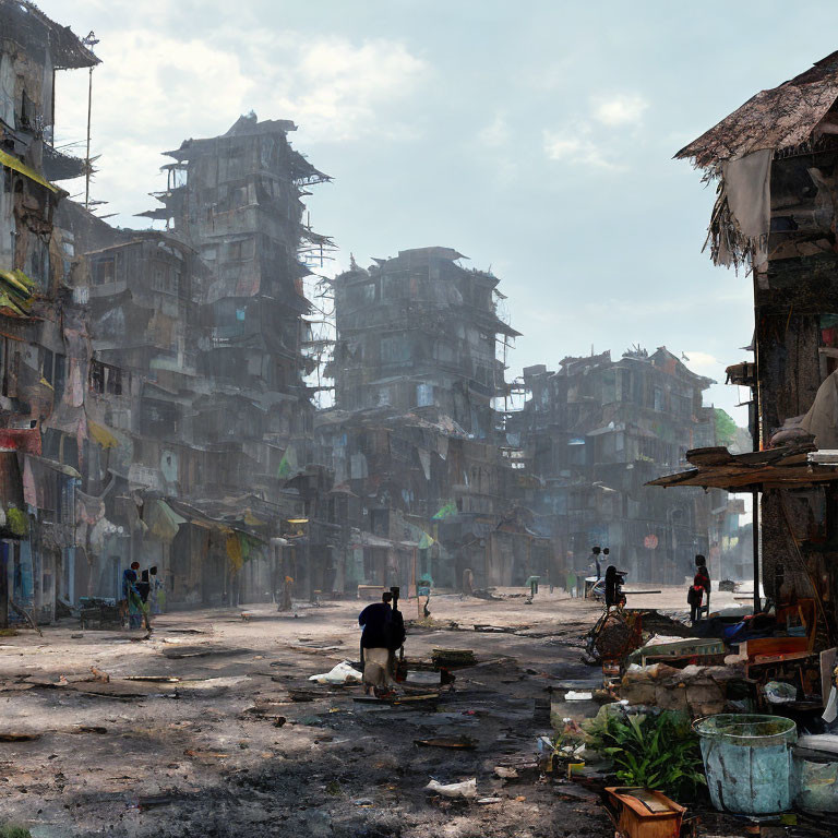 Urban street with dilapidated buildings and debris in a dystopian setting