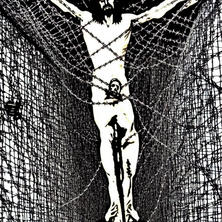 Artistic representation of two crucifixion-like figures on dark textured backdrop.