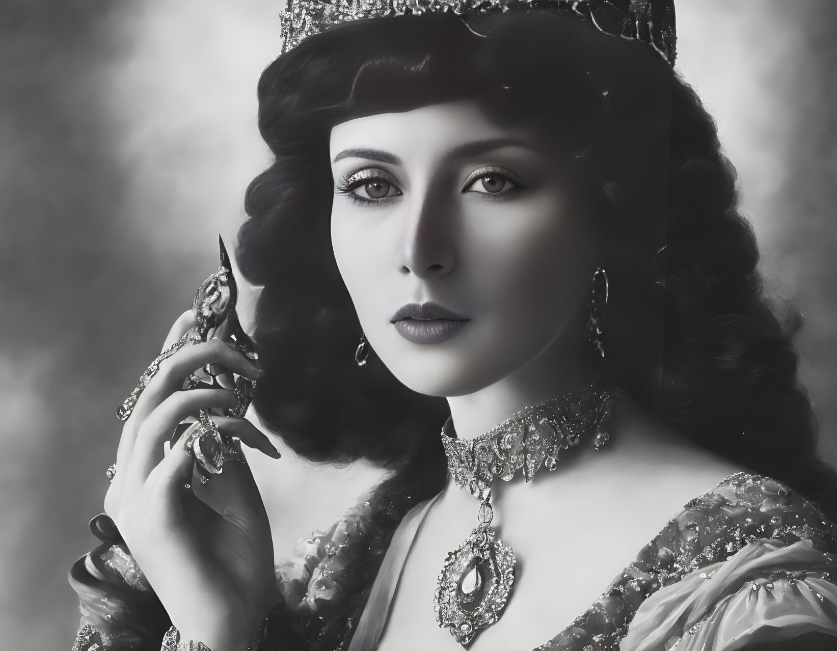 Vintage portrait of elegant woman in intricate jewelry and tiara, black and white.