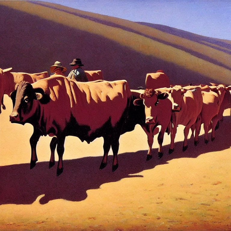 Cowboy on horseback herding cattle in shadowed landscape.