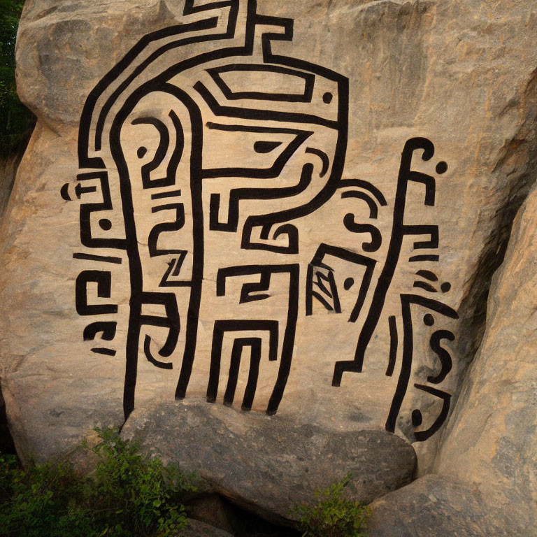 Detailed black line petroglyph on natural rock surface with green foliage