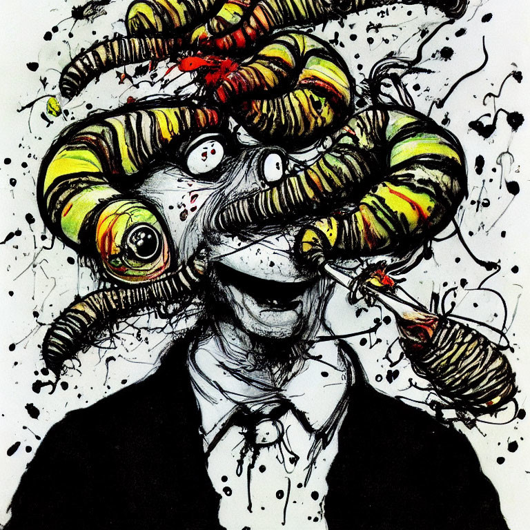Surreal Artwork: Person with Snake-Like Creatures as Head in Chaotic Setting