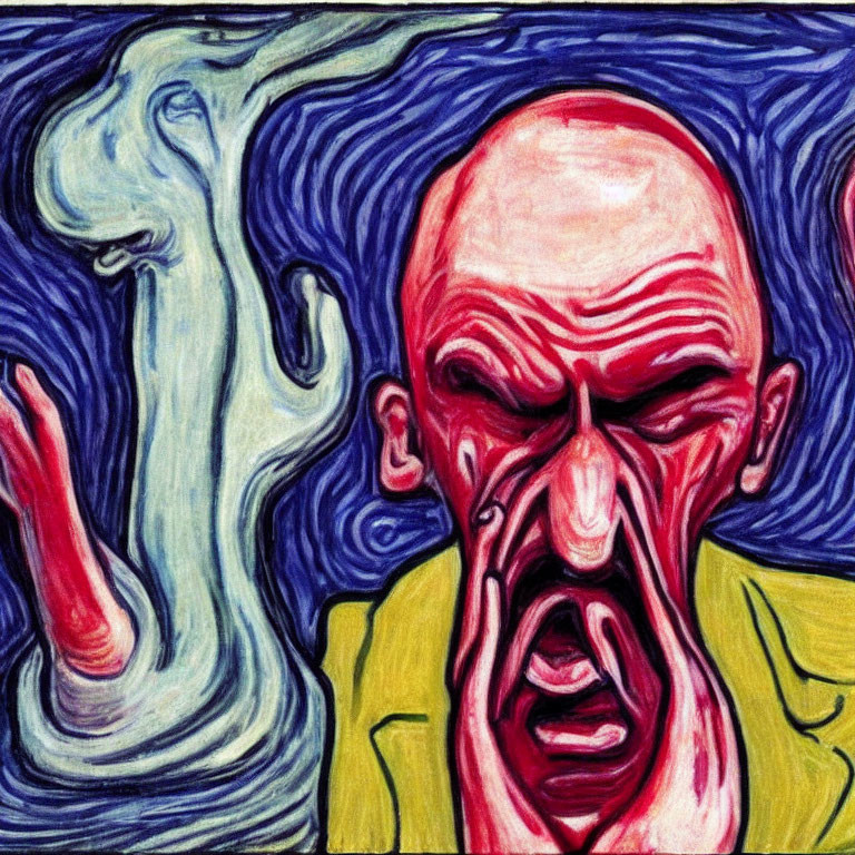 Abstract painting of screaming person with blue and white swirls, bold brushwork