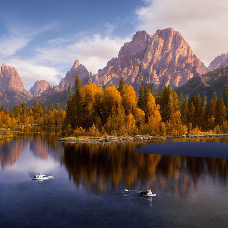 Golden Trees, Kayaks, Lake, Mountains: Autumn Scenery