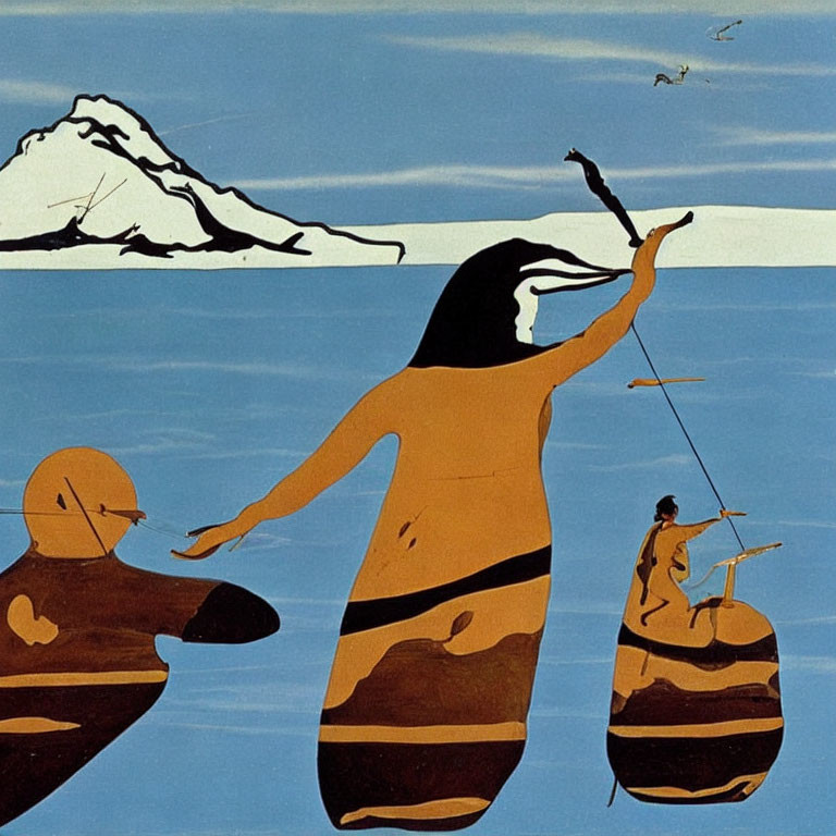 Illustration of two individuals fishing on boats with mountain backdrop