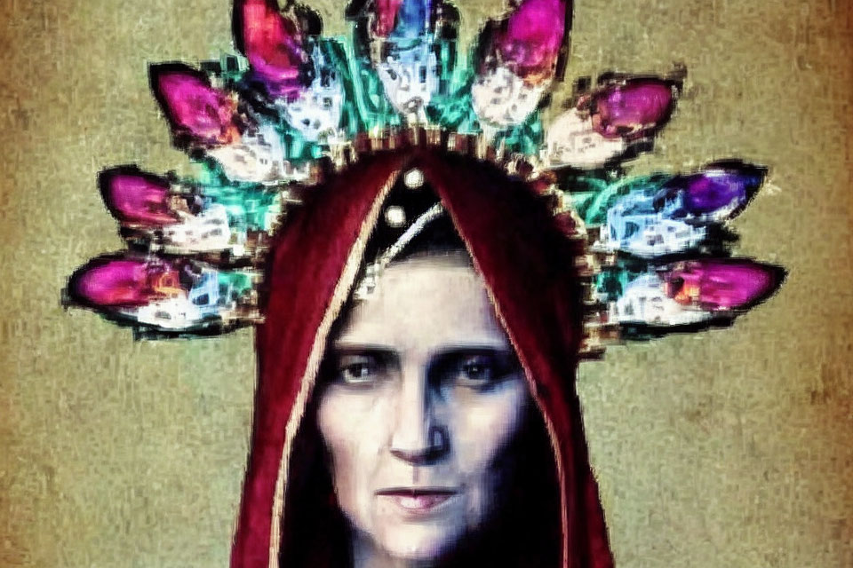 Digitally altered image of person in red cloak with ornate crown