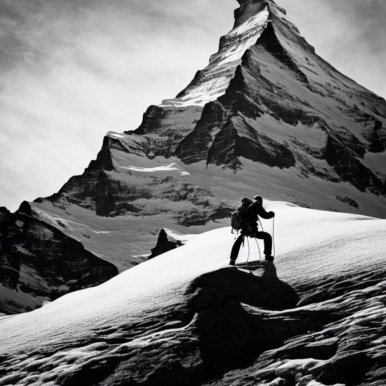 Monochrome image of person trekking snowy mountain landscape