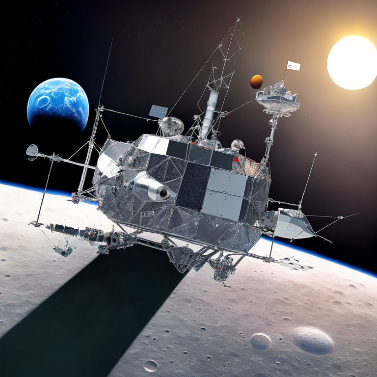 Spacecraft above moon with Earth and sun in background