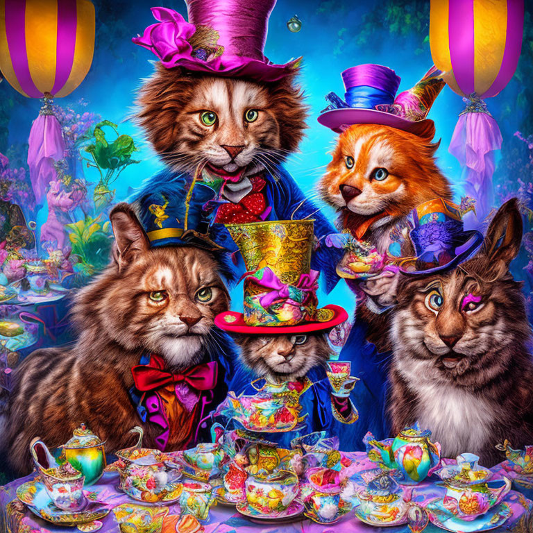 Four Cats in Alice in Wonderland-themed Outfits Tea Party