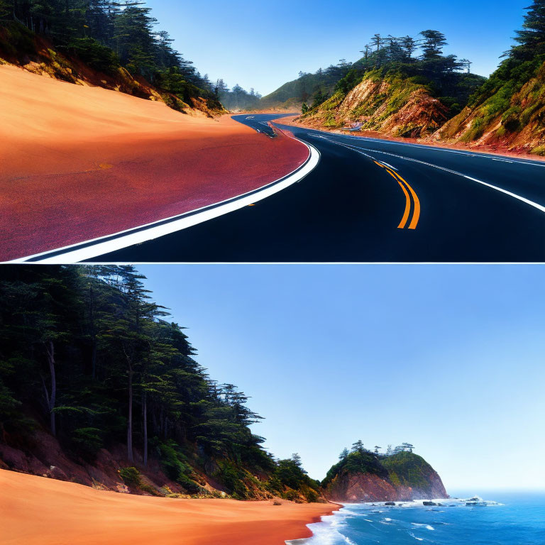 Split Image: Empty Curved Road vs. Scenic Coastal View