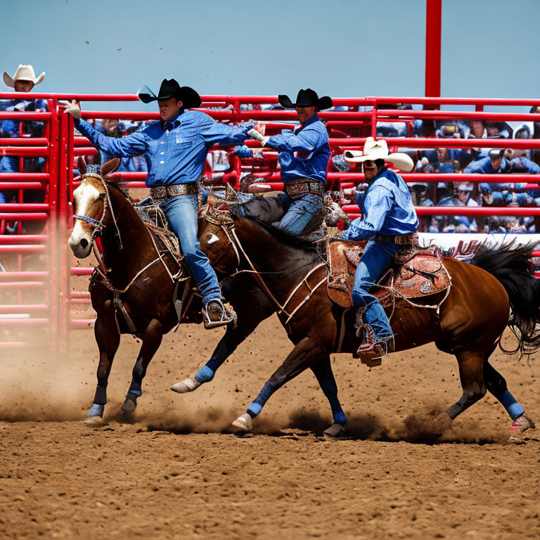 Cowboys on horses in rodeo arena with blue shirts and cowboy hats.