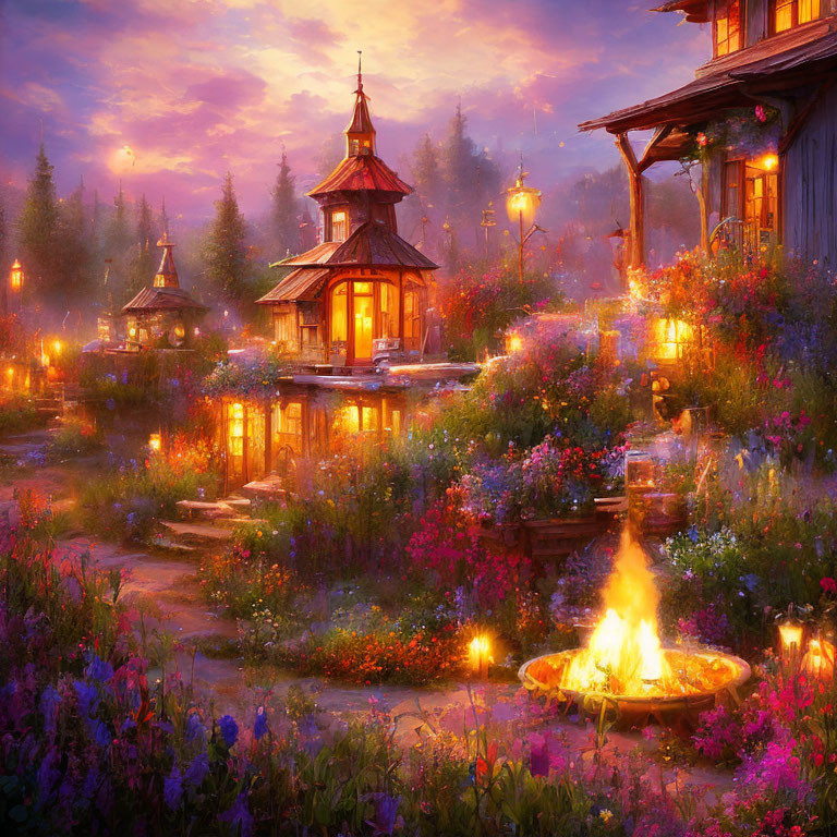 Enchanting twilight village with glowing lights and bonfire
