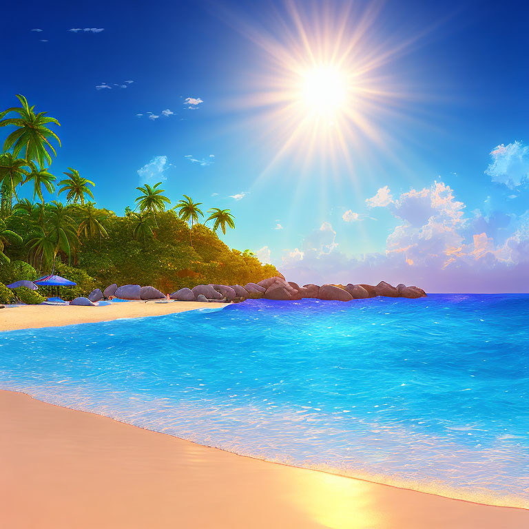 Sunny Tropical Beach with Palm Trees and Clear Blue Water