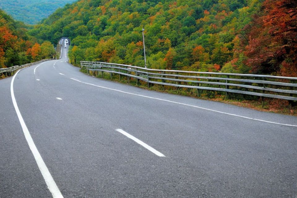 Winding Road with White Lines and Guardrails in Autumn Forest