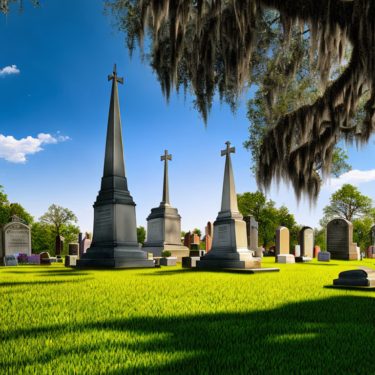 Graveyard scene with tombstones, crosses, and Spanish moss under blue sky