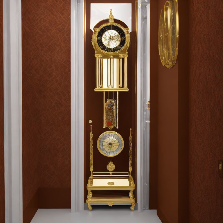 Golden grandfather clock with pendulum and roman numerals near oval mirror on brown wall