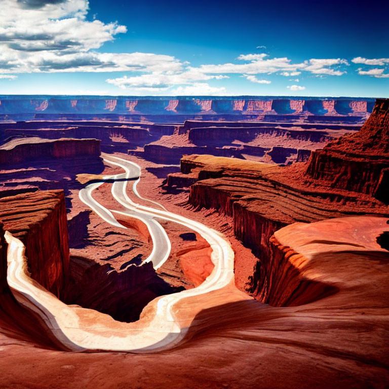 Serpentine river in deep red canyon under blue sky