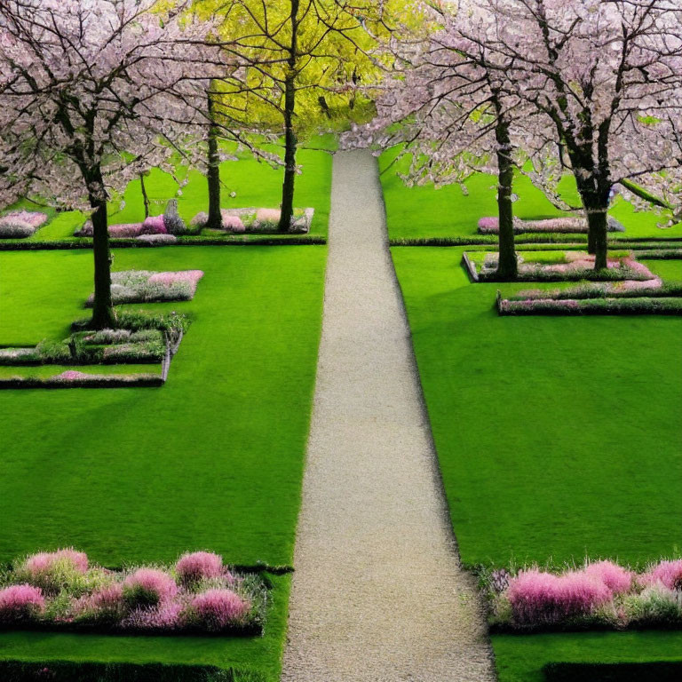 Tranquil Cherry Tree Path in Symmetrical Garden