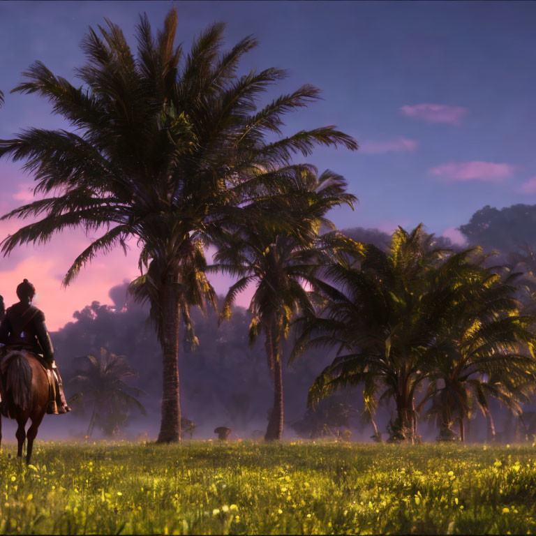 Equestrian scene in tranquil field at dusk with palm trees and small animal