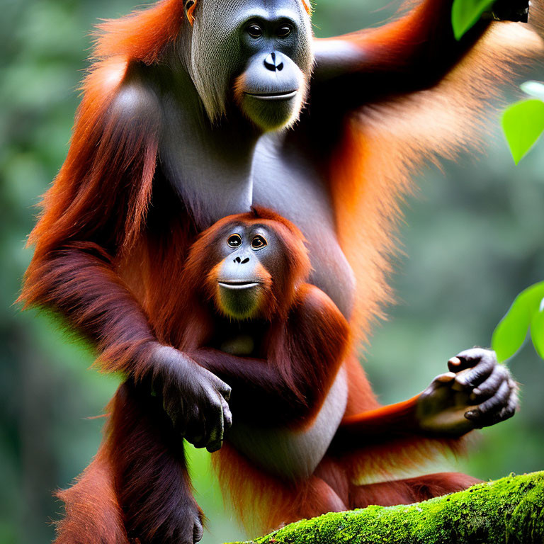 Orangutans sitting on branch in lush greenery
