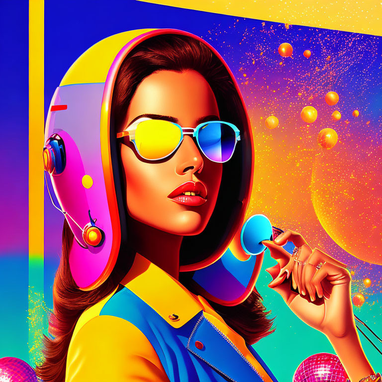 Colorful digital artwork: Woman in futuristic attire against cosmic backdrop