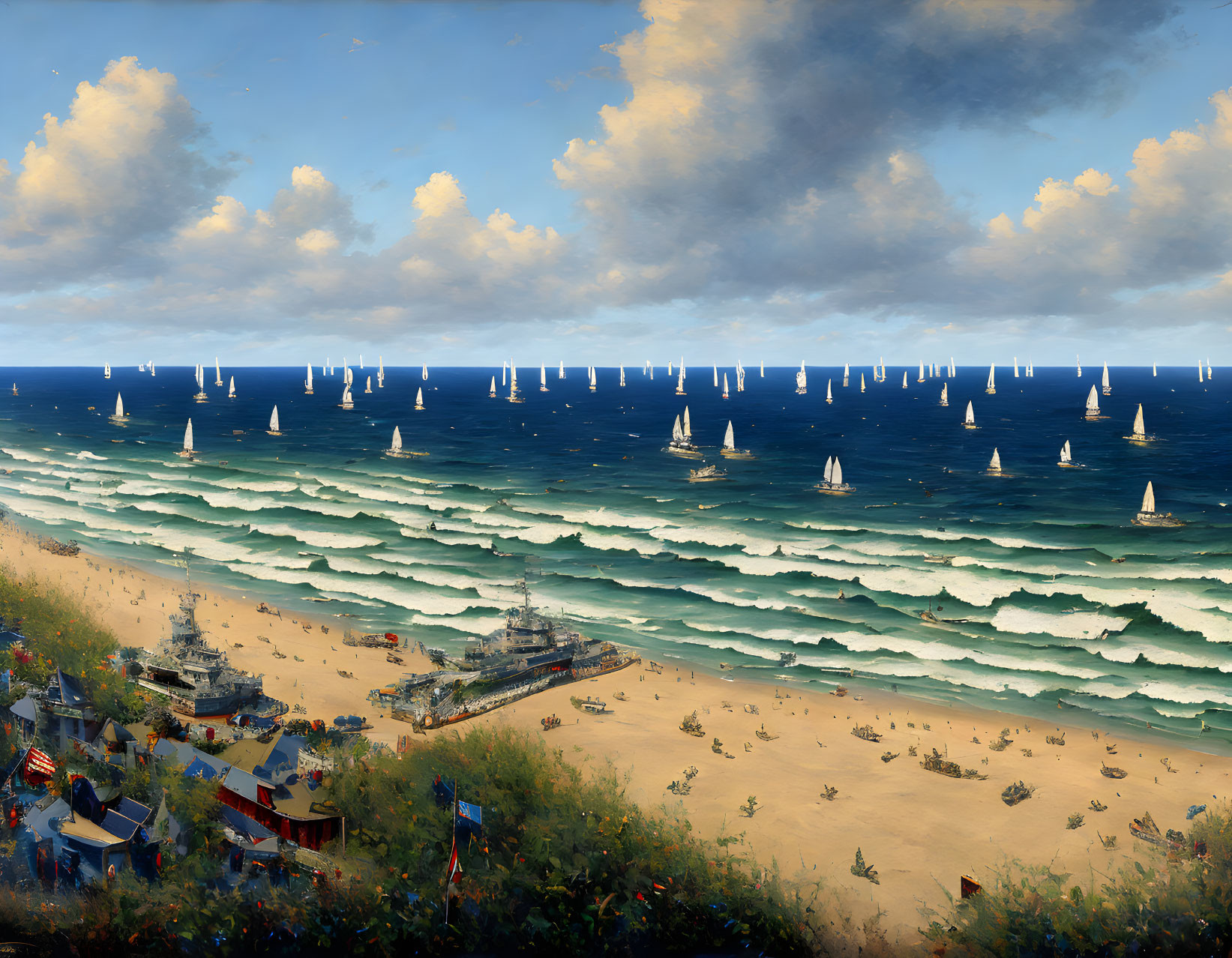 Sailboats on waves at beach with cloudy sky