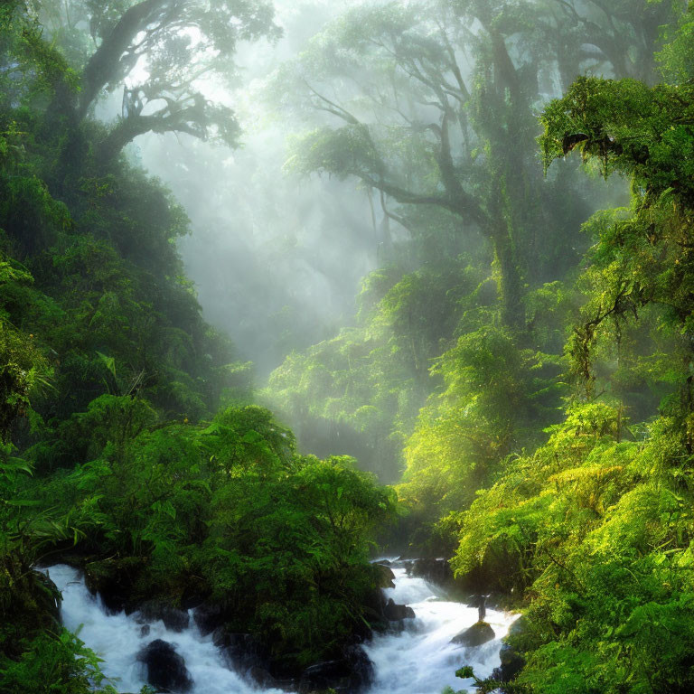 Misty sunlight in lush green forest with babbling brook