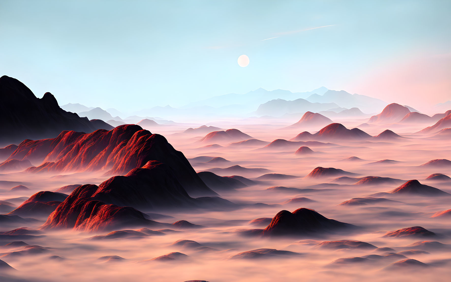 Misty Red Hills and Blue Mountains Under Pink Sky