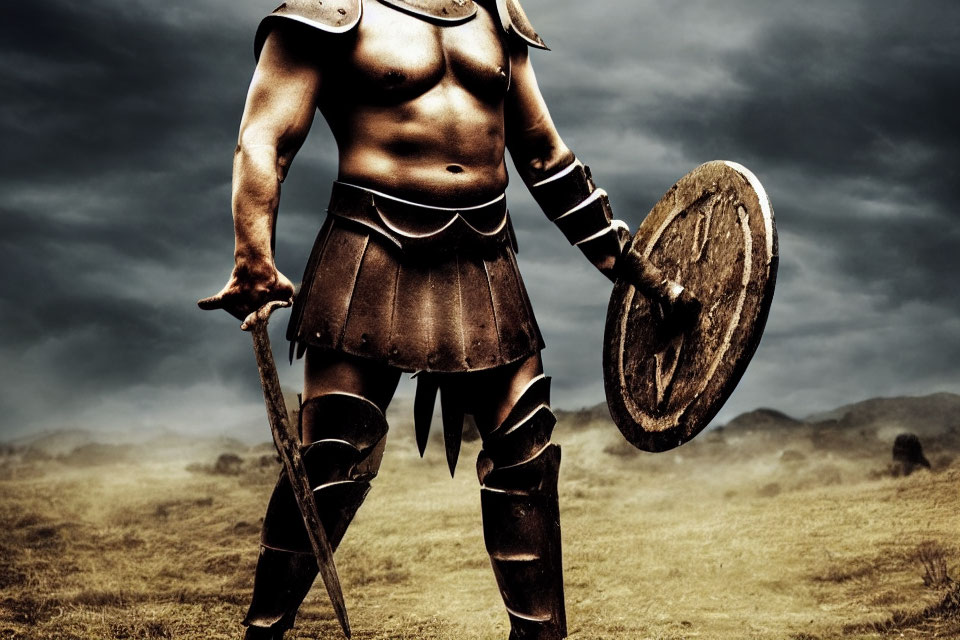 Muscular warrior in ancient armor with sword and shield under cloudy sky