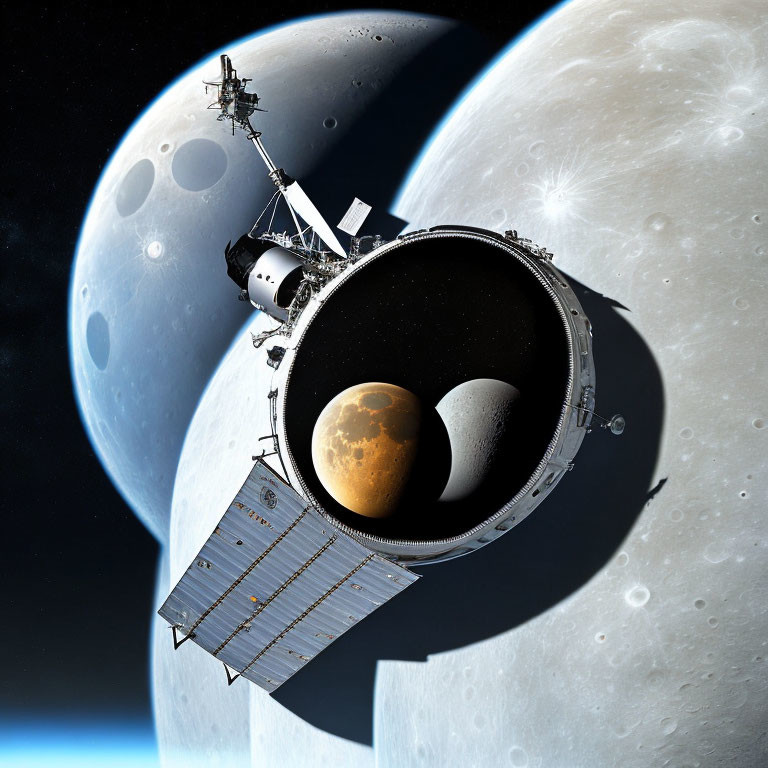 Realistic space illustration: Satellite with solar panels orbiting celestial body, multiple moons or planets in background