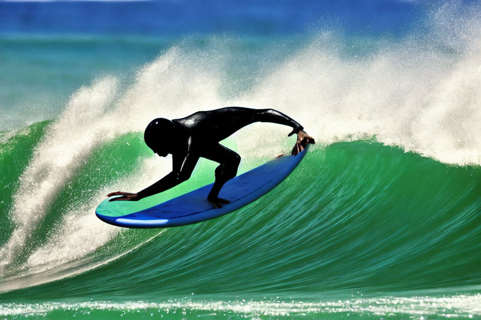 Surfer in Black Wetsuit Riding Blue Surfboard on Green Wave