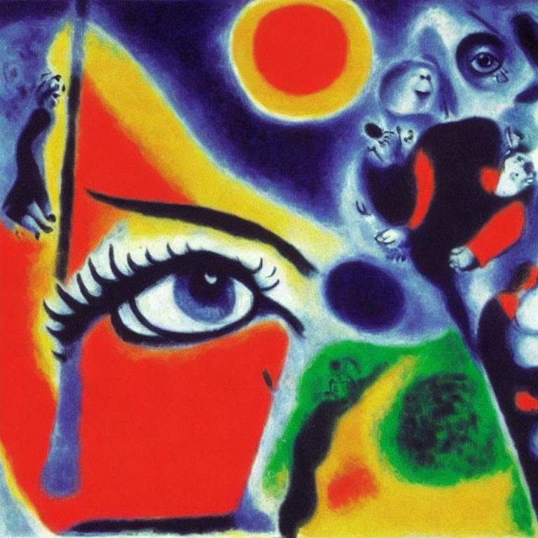Vibrant Abstract Painting: Eye, Sun, and Surreal Figures