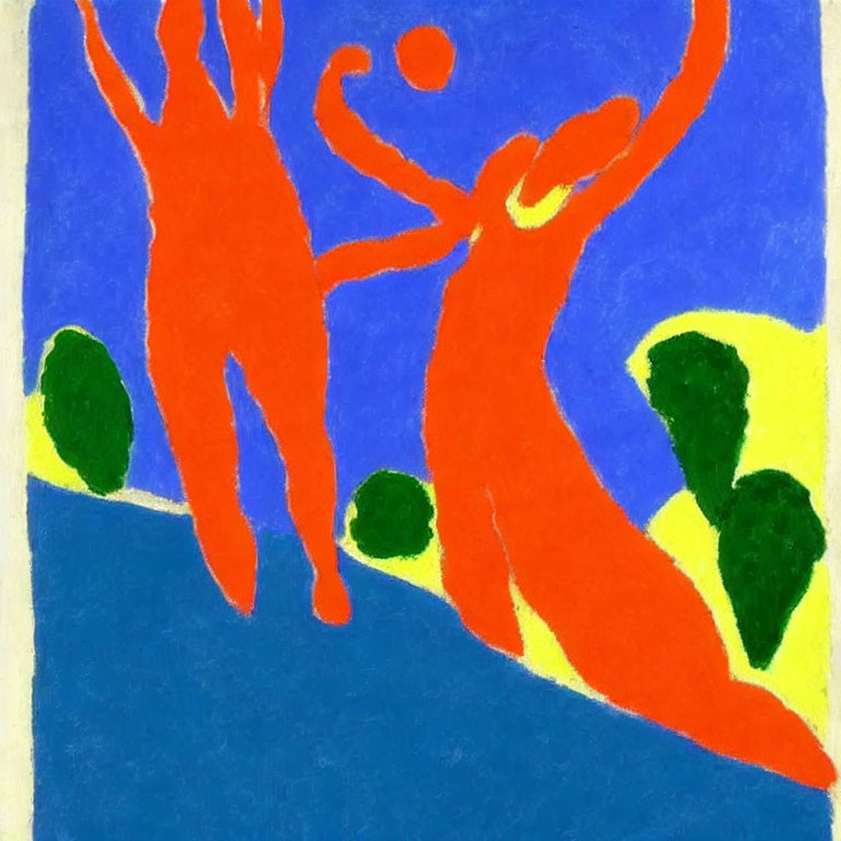 Abstract art: Two red figures dancing on blue background with green tree-like shapes