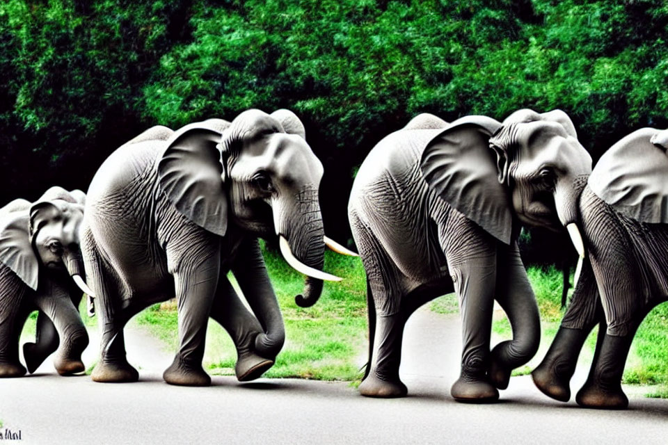 Grey elephants walking in line through lush green foliage
