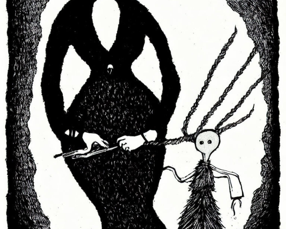 Monochrome drawing of humanoid figure playing flute with ominous shadow.