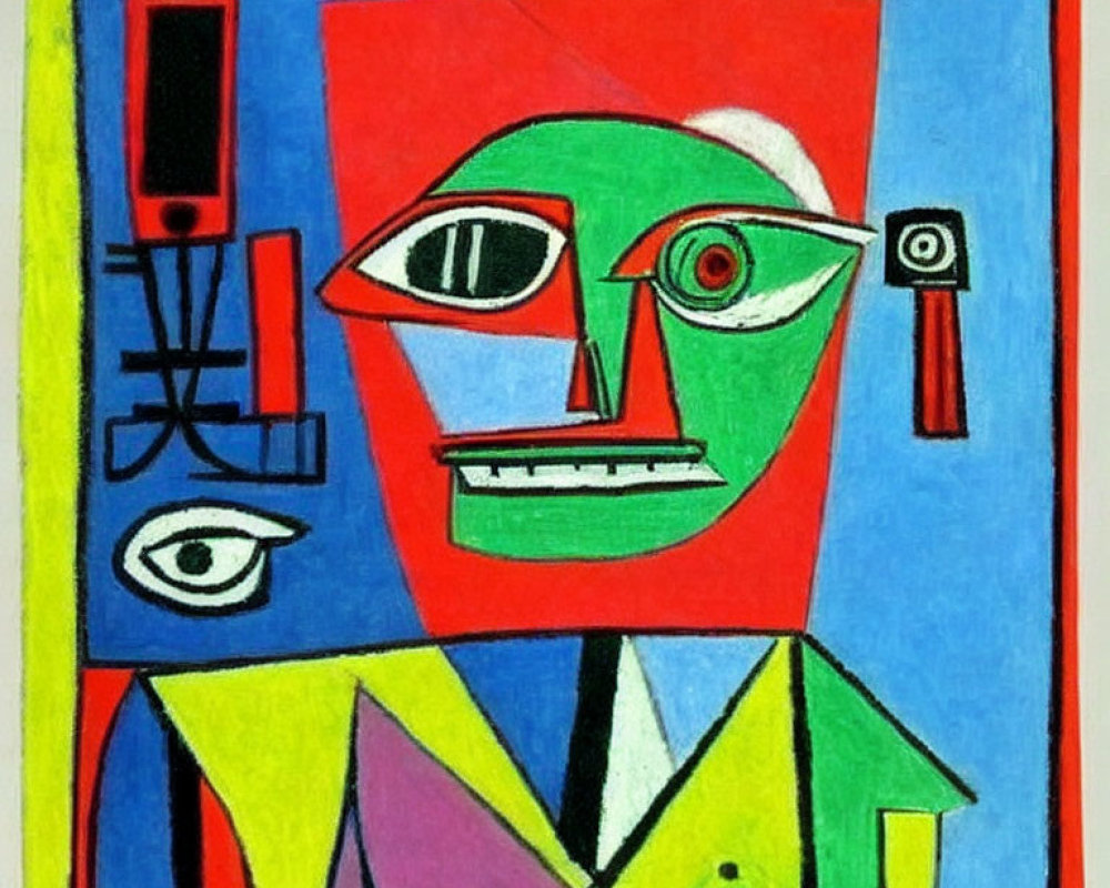Vibrant Cubist-style painting of a stylized human face