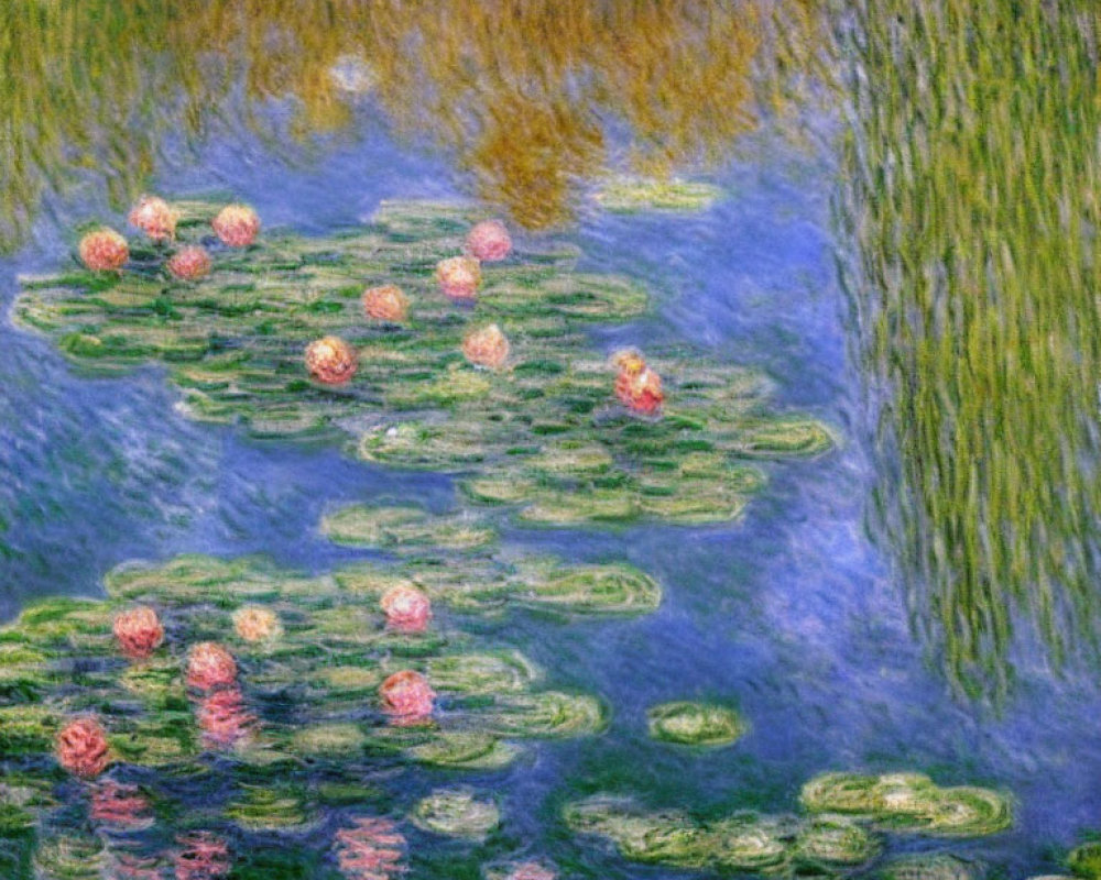 Tranquil pond with water lilies in soft pink, green, and blue tones