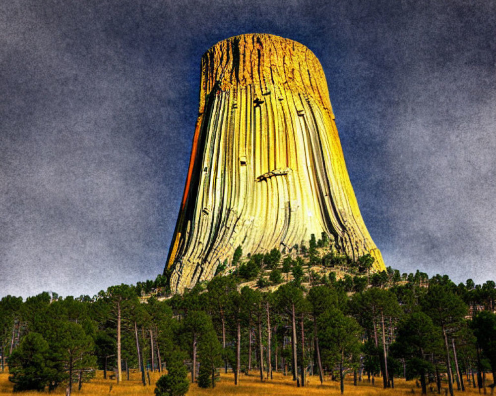 Iconic Devils Tower Volcanic Rock Formation Above Forest Under Overcast Sky