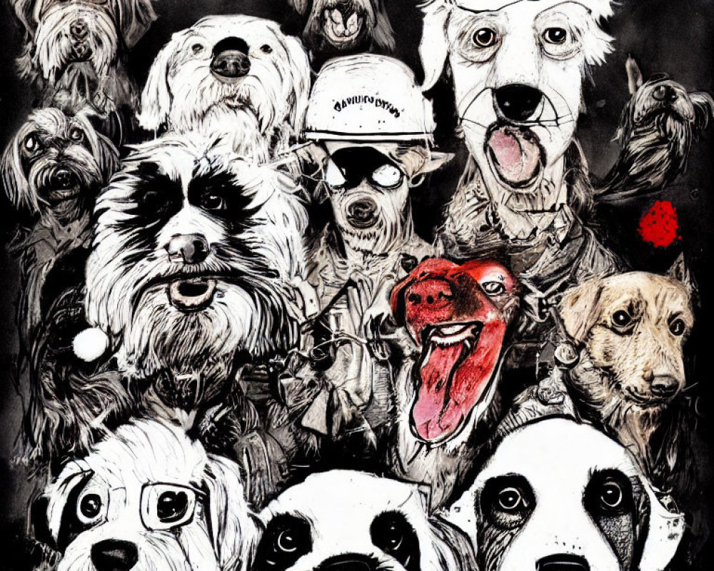 Monochrome illustration featuring expressive dog breeds with hats and playful expressions