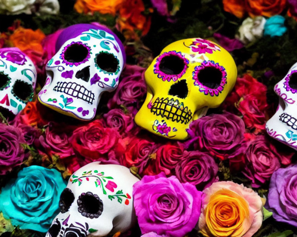 Colorful sugar skulls and artificial roses for Mexican Day of the Dead.