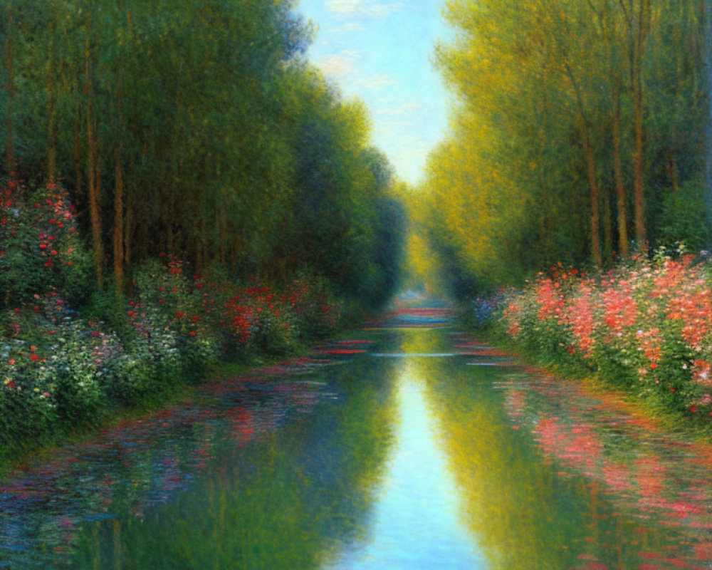 Tranquil river scene with lush trees and vibrant flowers at sunset