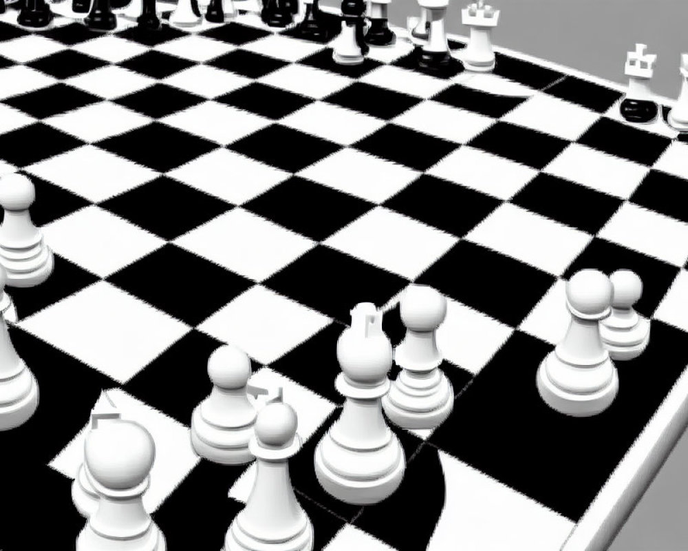 Grayscale chessboard image with black and white pieces in play