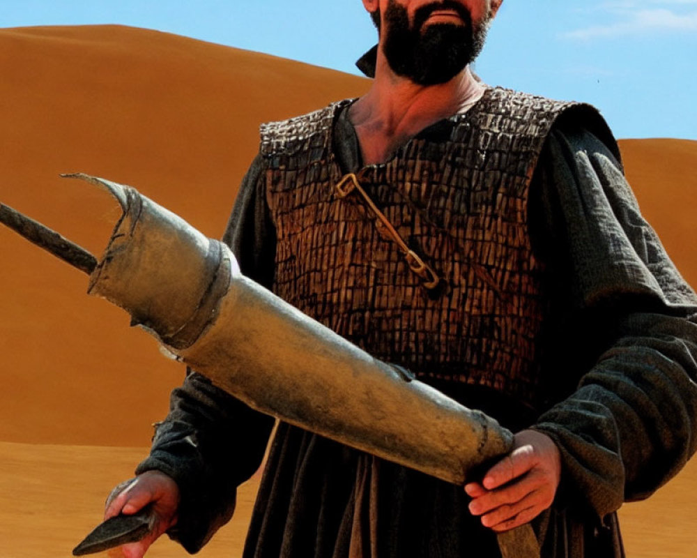 Man in historical garb with metal horn in desert.