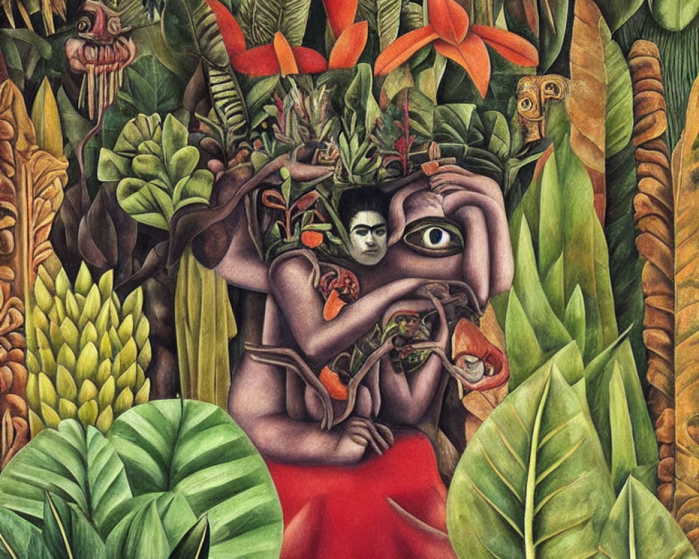 Dark-haired figure in lush tropical setting with wooden figure - surreal and realistic elements