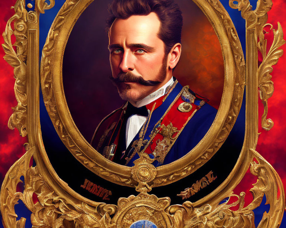 Regal man with mustache in military uniform in ornate golden frame